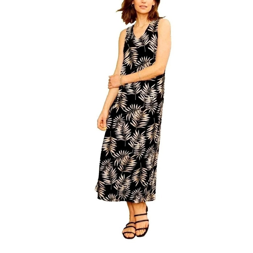 J. Jill Wearever Collection Womens Size XS Black Tropical Palm Leaves Sleeveless
